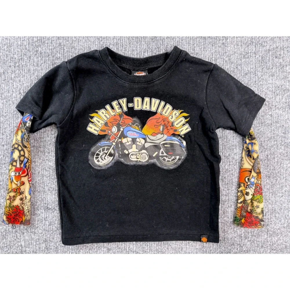 Harley Davidson Toddler‎ 2T Black Tattoo Mesh Sleeve Graphic T Shirt